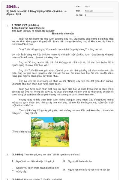 Bộ 10 đề thi cuối kì 2 Tiếng Việt lớp 5 Kết nối tri thức có đáp án - Đề 3