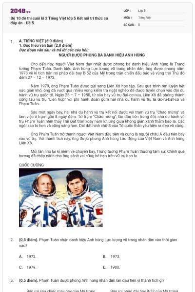 Bộ 10 đề thi cuối kì 2 Tiếng Việt lớp 5 Kết nối tri thức có đáp án - Đề 5