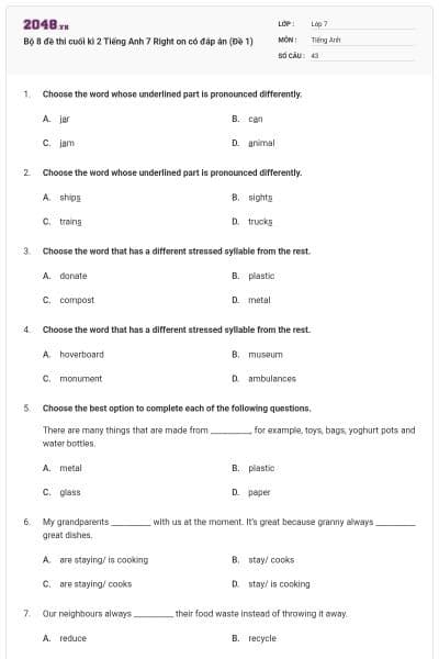 Bộ 8 đề thi cuối kì 2 Tiếng Anh 7 Right on có đáp án (Đề 1)