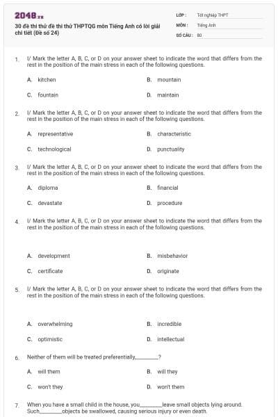 30 đề thi thử đề thi thử THPTQG môn Tiếng Anh có lời giải chi tiết (Đề số 24)