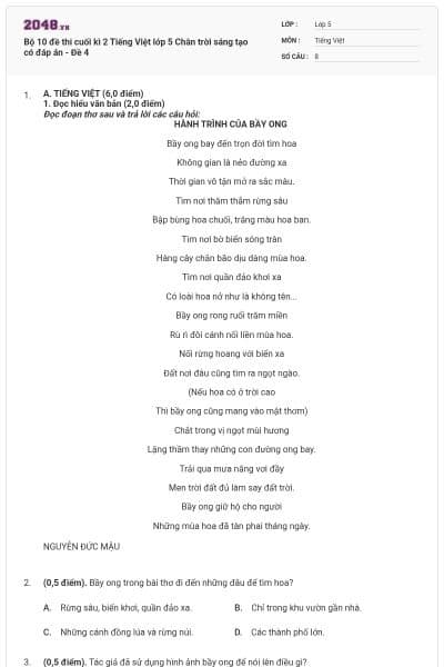 Bộ 10 đề thi cuối kì 2 Tiếng Việt lớp 5 Chân trời sáng tạo có đáp án - Đề 4