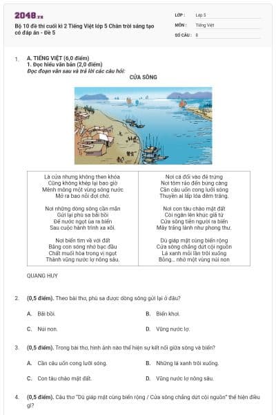 Bộ 10 đề thi cuối kì 2 Tiếng Việt lớp 5 Chân trời sáng tạo có đáp án - Đề 5