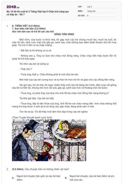 Bộ 10 đề thi cuối kì 2 Tiếng Việt lớp 5 Chân trời sáng tạo có đáp án - Đề 7