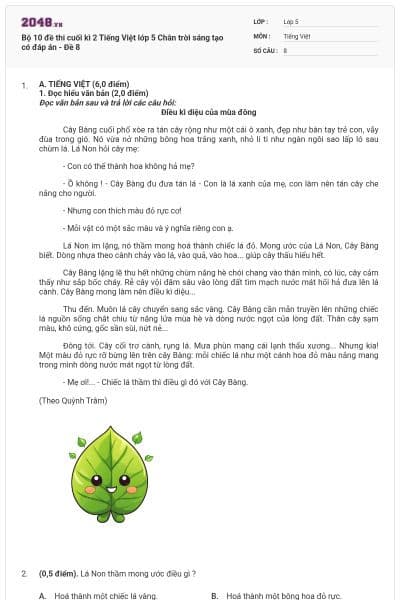 Bộ 10 đề thi cuối kì 2 Tiếng Việt lớp 5 Chân trời sáng tạo có đáp án - Đề 8