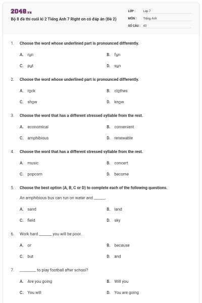 Bộ 8 đề thi cuối kì 2 Tiếng Anh 7 Right on có đáp án (Đề 2)