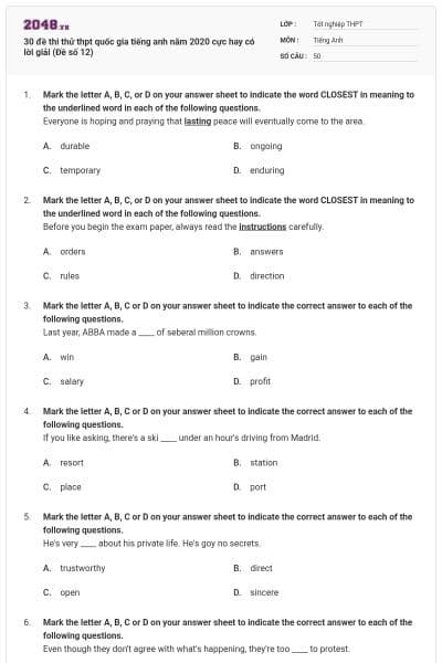 30 đề thi thử thpt quốc gia tiếng anh năm 2020 cực hay có lời giải (Đề số 12)