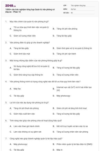 1000+ câu trắc nghiệm tổng hợp Quản trị văn phòng có đáp án - Phần 10
