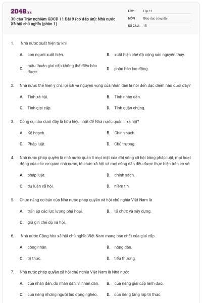 30 câu Trắc nghiệm GDCD 11 Bài 9 (có đáp án): Nhà nước Xã hội chủ nghĩa (phần 1)