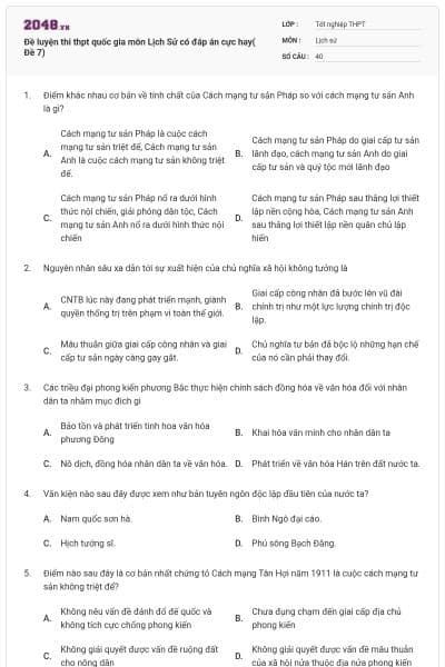 Đề luyện thi thpt quốc gia môn Lịch Sử có đáp án cực hay( Đề 7)