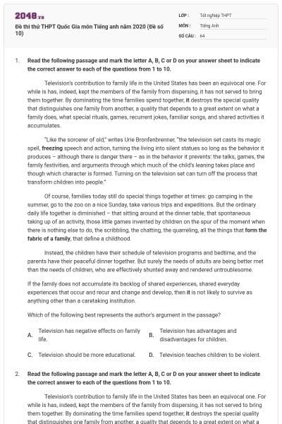 Đề thi thử THPT Quốc Gia môn Tiếng anh năm 2020 (Đề số 10)