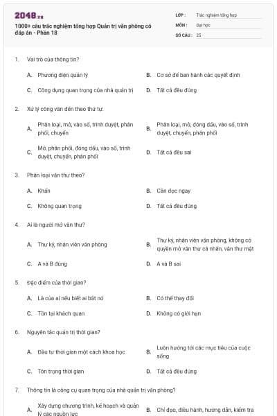 1000+ câu trắc nghiệm tổng hợp Quản trị văn phòng có đáp án - Phần 18