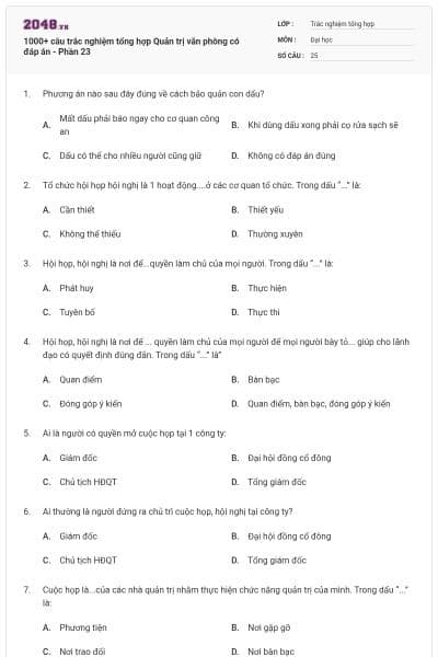1000+ câu trắc nghiệm tổng hợp Quản trị văn phòng có đáp án - Phần 23