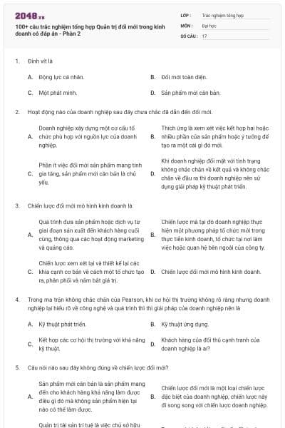 100+ câu trắc nghiệm tổng hợp Quản trị đổi mới trong kinh doanh có đáp án - Phần 2