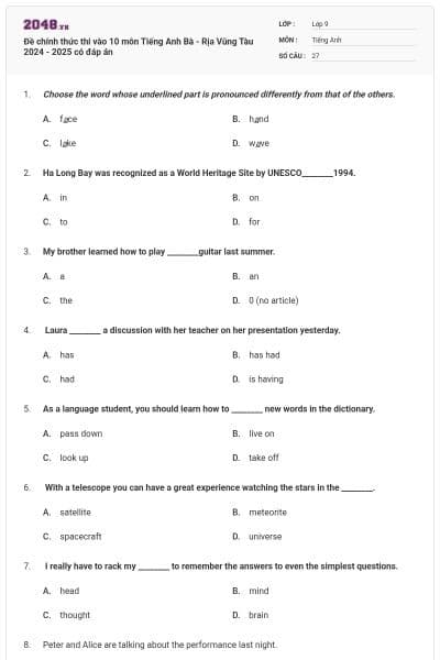 Đề chính thức thi vào 10 môn Tiếng Anh Bà - Rịa Vũng Tàu 2024 - 2025 có đáp án