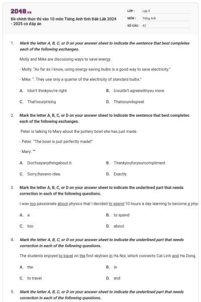 Đề chính thức thi vào 10 môn Tiếng Anh tỉnh Đắk Lắk 2024 - 2025 có đáp án