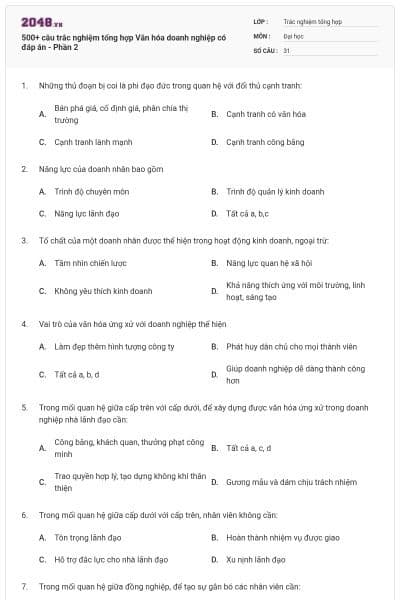 500+ câu trắc nghiệm tổng hợp Văn hóa doanh nghiệp có đáp án - Phần 2
