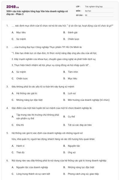 500+ câu trắc nghiệm tổng hợp Văn hóa doanh nghiệp có đáp án - Phần 3