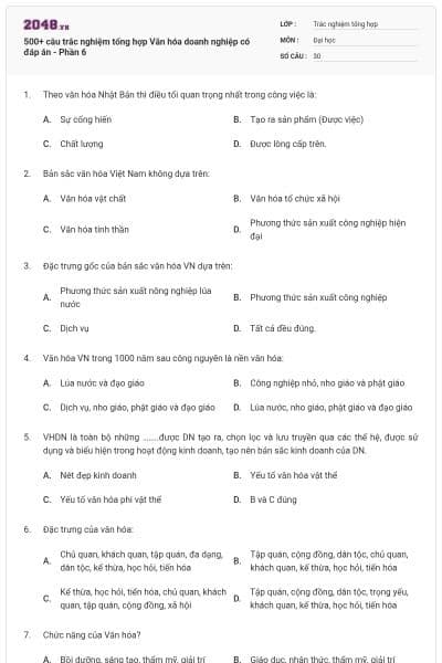 500+ câu trắc nghiệm tổng hợp Văn hóa doanh nghiệp có đáp án - Phần 6