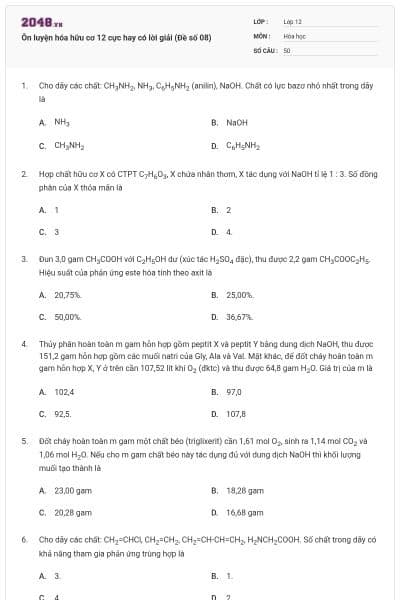Ôn luyện hóa hữu cơ 12 cực hay có lời giải (Đề số 08)
