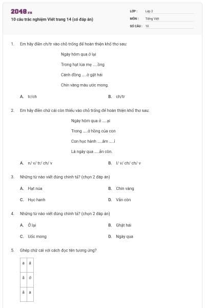 10 câu trắc nghiệm Viết trang 14 (có đáp án)