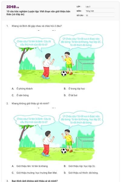 10 câu trắc nghiệm Luyện tập: Viết đoạn văn giới thiệu bản thân (có đáp án)