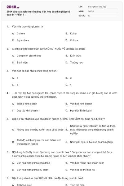 500+ câu trắc nghiệm tổng hợp Văn hóa doanh nghiệp có đáp án - Phần 11