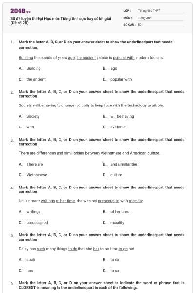 30 đề luyện thi Đại Học môn Tiếng Anh cực hay có lời giải (Đề số 28)