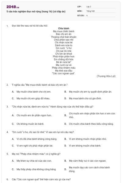 5 câu trắc nghiệm Đọc mở rộng (trang 16) (có đáp án)