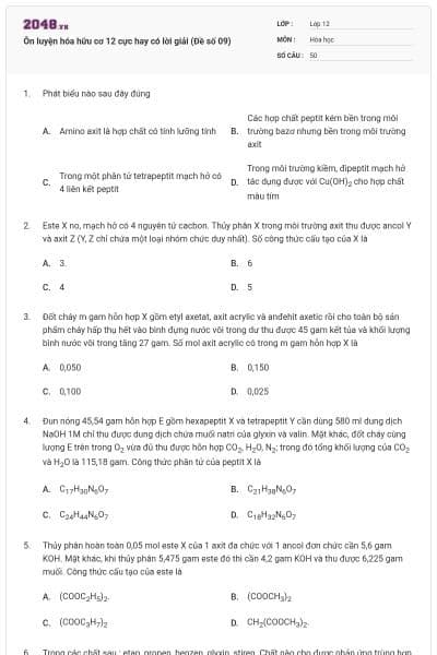 Ôn luyện hóa hữu cơ 12 cực hay có lời giải (Đề số 09)