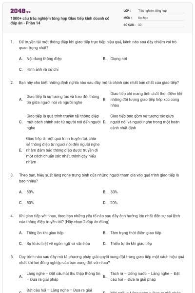 1000+ câu trắc nghiệm tổng hợp Giao tiếp kinh doanh có đáp án - Phần 14
