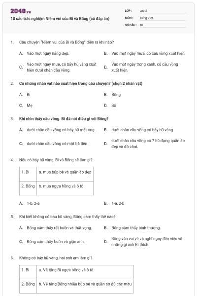 10 câu trắc nghiệm Niềm vui của Bi và Bống (có đáp án)