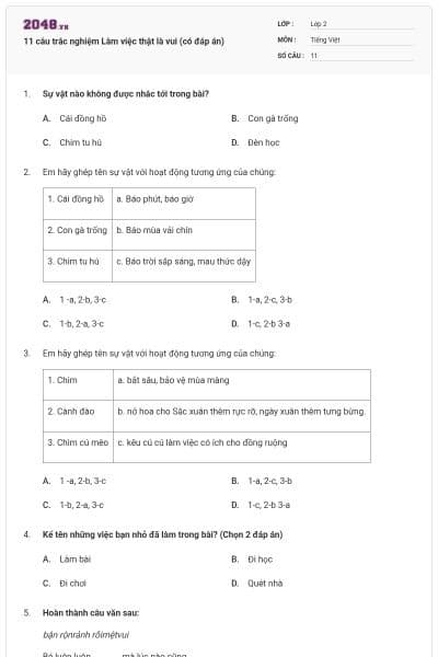 11 câu trắc nghiệm Làm việc thật là vui (có đáp án)