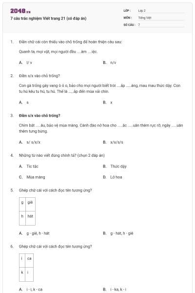 7 câu trắc nghiệm Viết trang 21 (có đáp án)