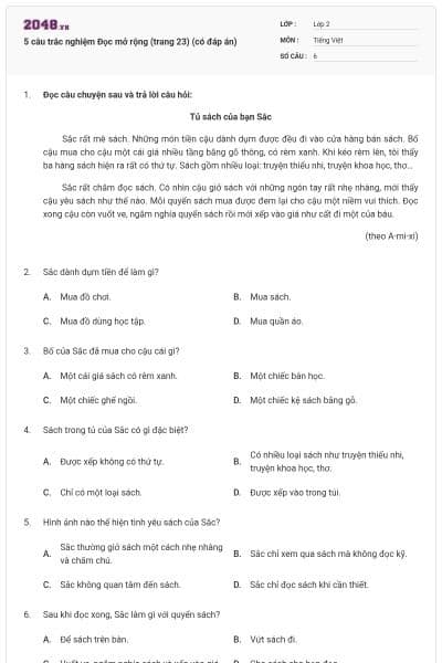 5 câu trắc nghiệm Đọc mở rộng (trang 23) (có đáp án)