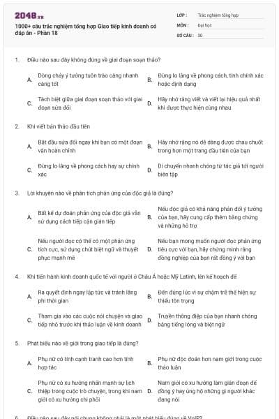 1000+ câu trắc nghiệm tổng hợp Giao tiếp kinh doanh có đáp án - Phần 18
