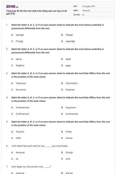 Tổng hợp đề thi thử mới nhất môn tiếng anh cực hay có lời giải (P5)