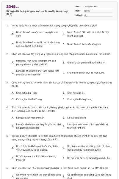 Đề luyện thi thpt quốc gia môn Lịch Sử có đáp án cực hay( Đề 8)