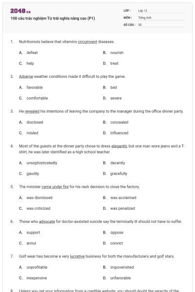 100 câu trắc nghiệm Từ trái nghĩa nâng cao (P1)