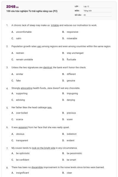 100 câu trắc nghiệm Từ trái nghĩa nâng cao (P2)