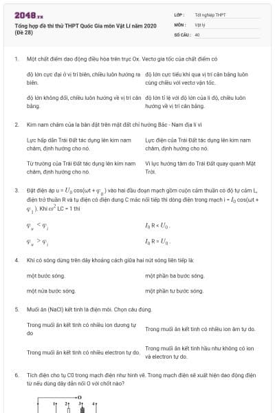 Tổng hợp đề thi thử THPT Quốc Gia môn Vật Lí năm 2020 (Đề 28)
