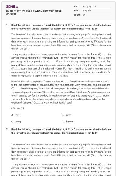KỲ THI THỬ THPT QUỐC GIA NĂM 2019 MÔN TIẾNG ANH(P5)