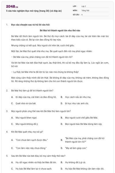 5 câu trắc nghiệm Đọc mở rộng (trang 30) (có đáp án)