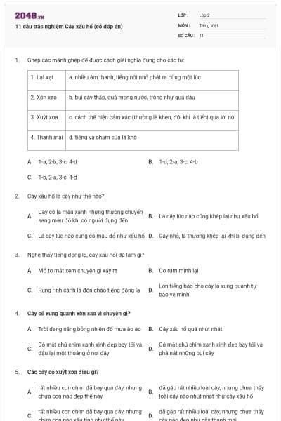 11 câu trắc nghiệm Cây xấu hổ (có đáp án)