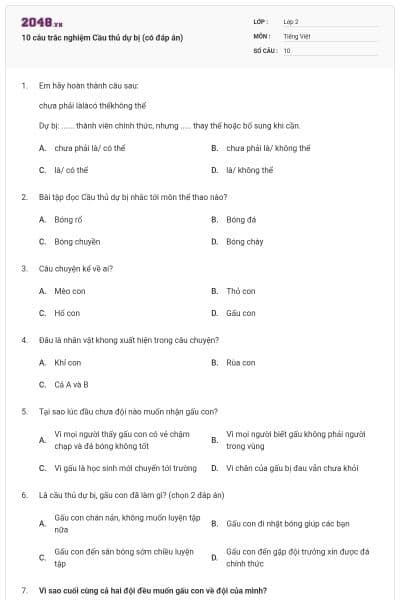 10 câu trắc nghiệm Cầu thủ dự bị (có đáp án)