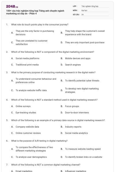 100+ câu trắc nghiệm tổng hợp Tiếng anh chuyên ngành marketing có đáp án - Phần 4