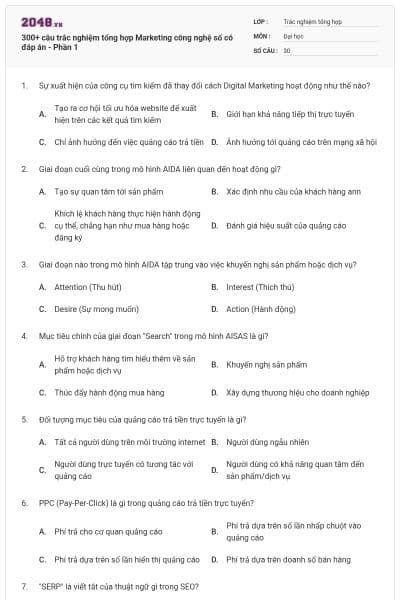 300+ câu trắc nghiệm tổng hợp Marketing công nghệ số có đáp án - Phần 1