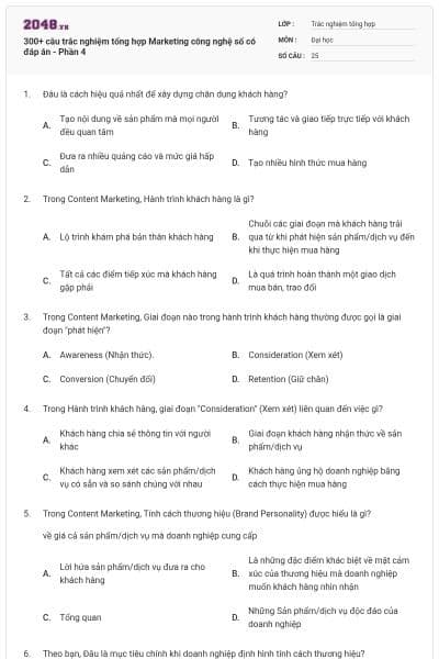 300+ câu trắc nghiệm tổng hợp Marketing công nghệ số có đáp án - Phần 4