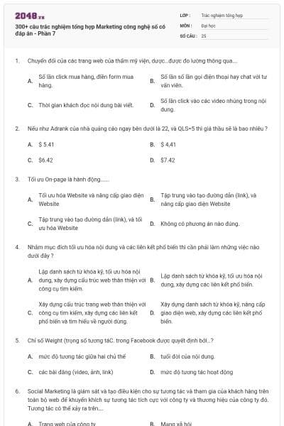 300+ câu trắc nghiệm tổng hợp Marketing công nghệ số có đáp án - Phần 7