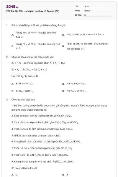 208 Bài tập Nito - photpho cực hay có đáp án (P7)