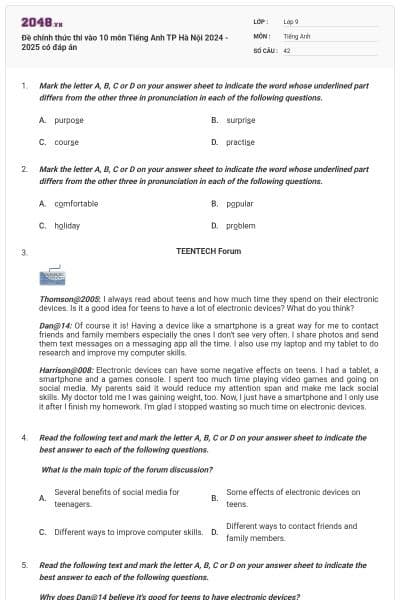 Đề chính thức thi vào 10 môn Tiếng Anh TP Hà Nội 2024 - 2025 có đáp án